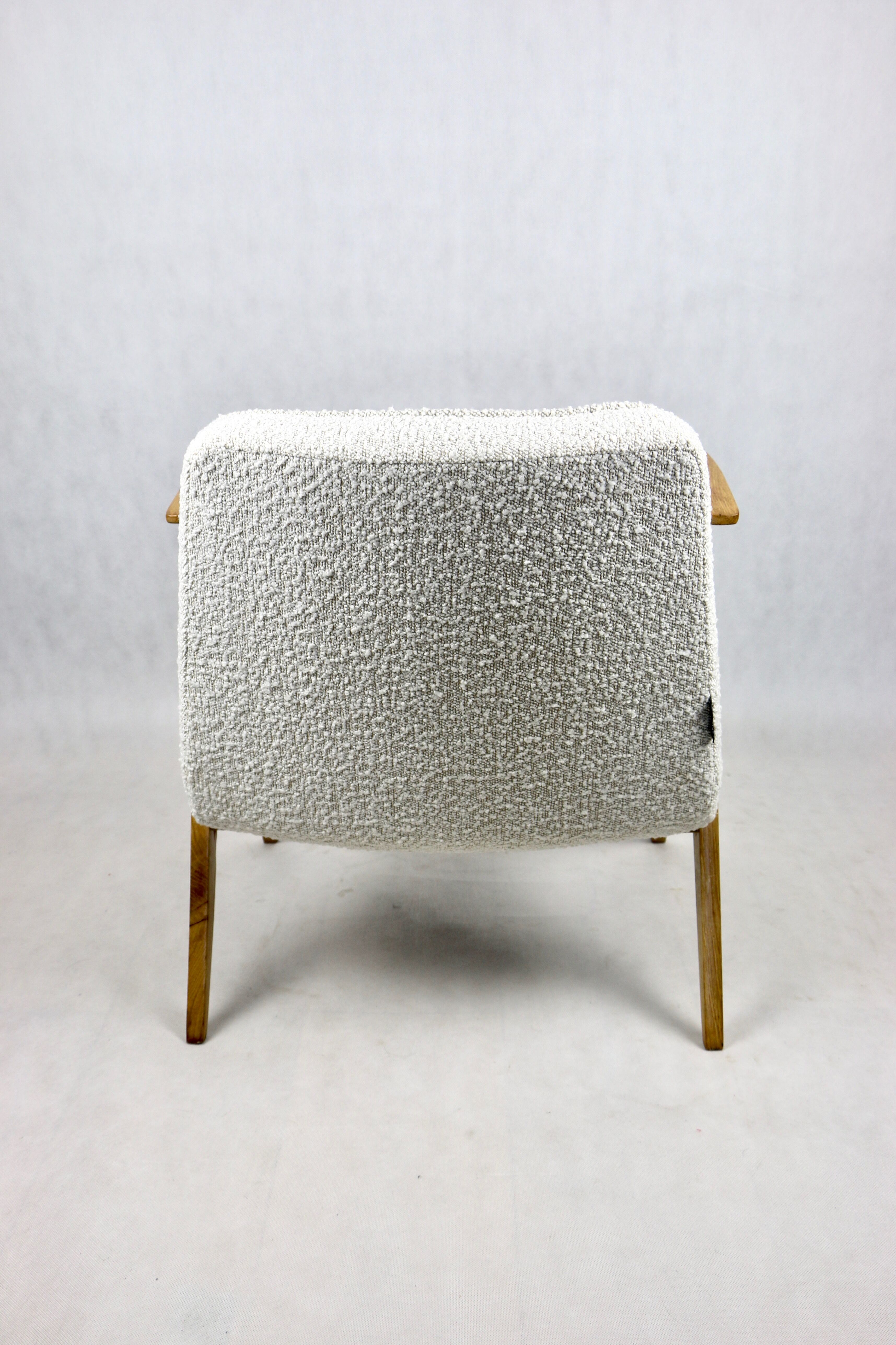Pearl Boucle & Oak Armchair by Józef Chierowski, 1970s