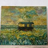 Canvas signed 20th century caravan with dedication on the back