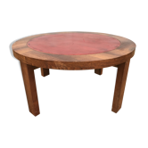 Table basse ronde chêne et cuir 1950