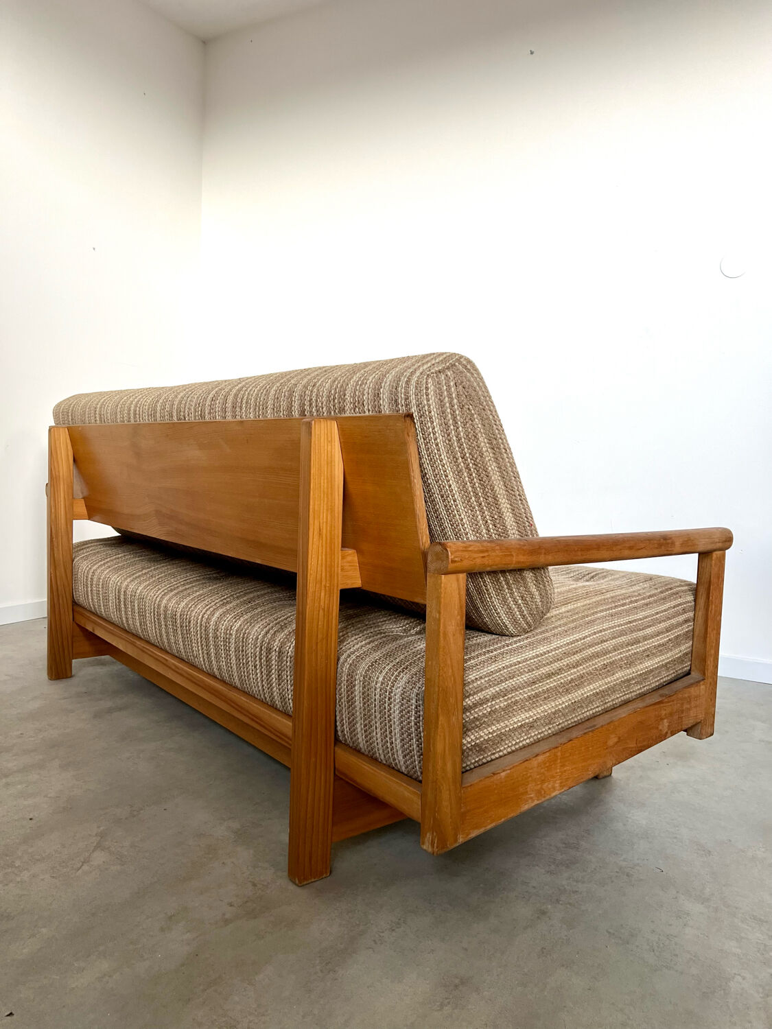 Old wooden sofa vintage brutalist design 60s