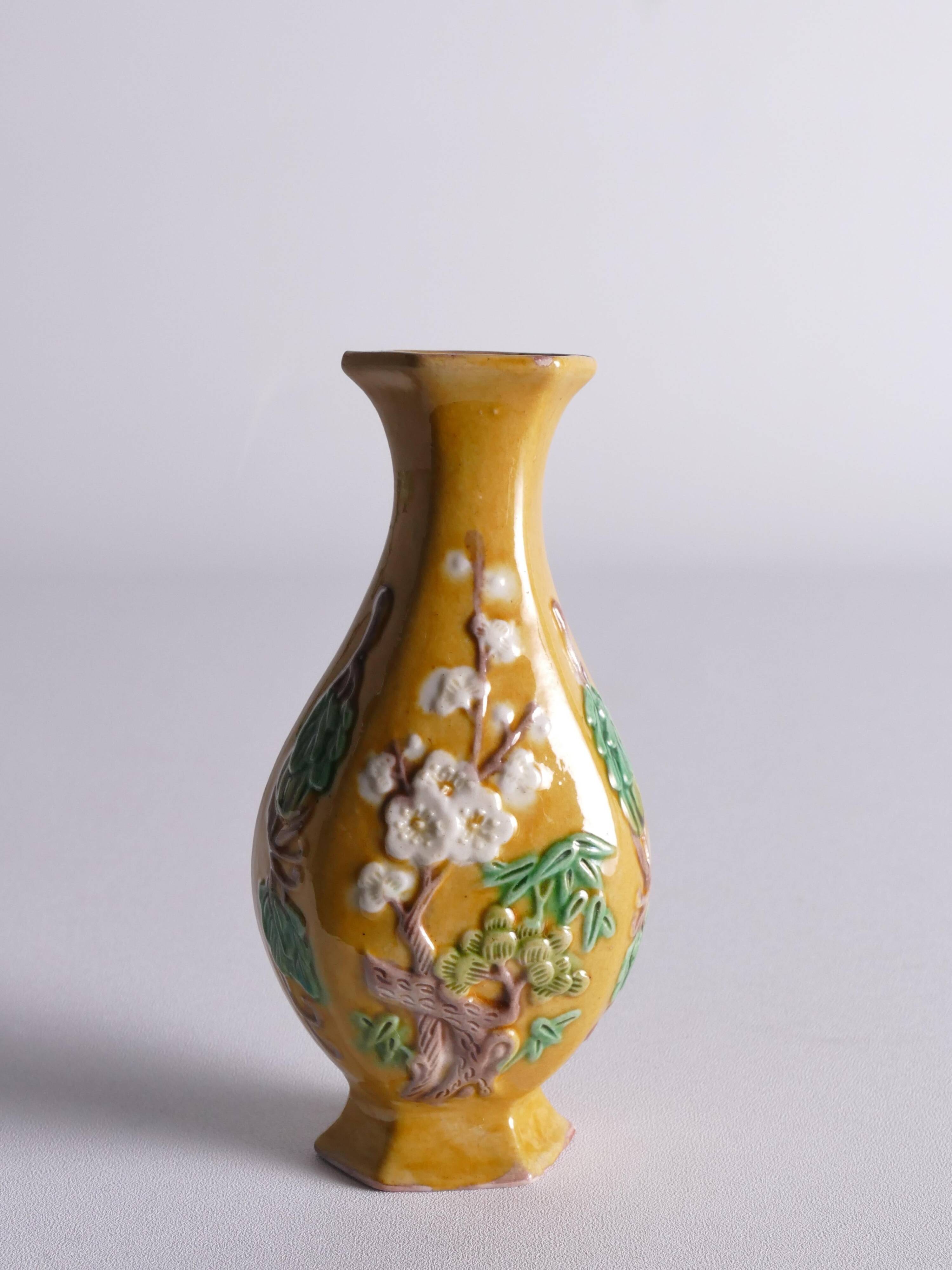Chinese Yellow Glazed Hexagonal Relief Porcelain Vase with Prunus Motif