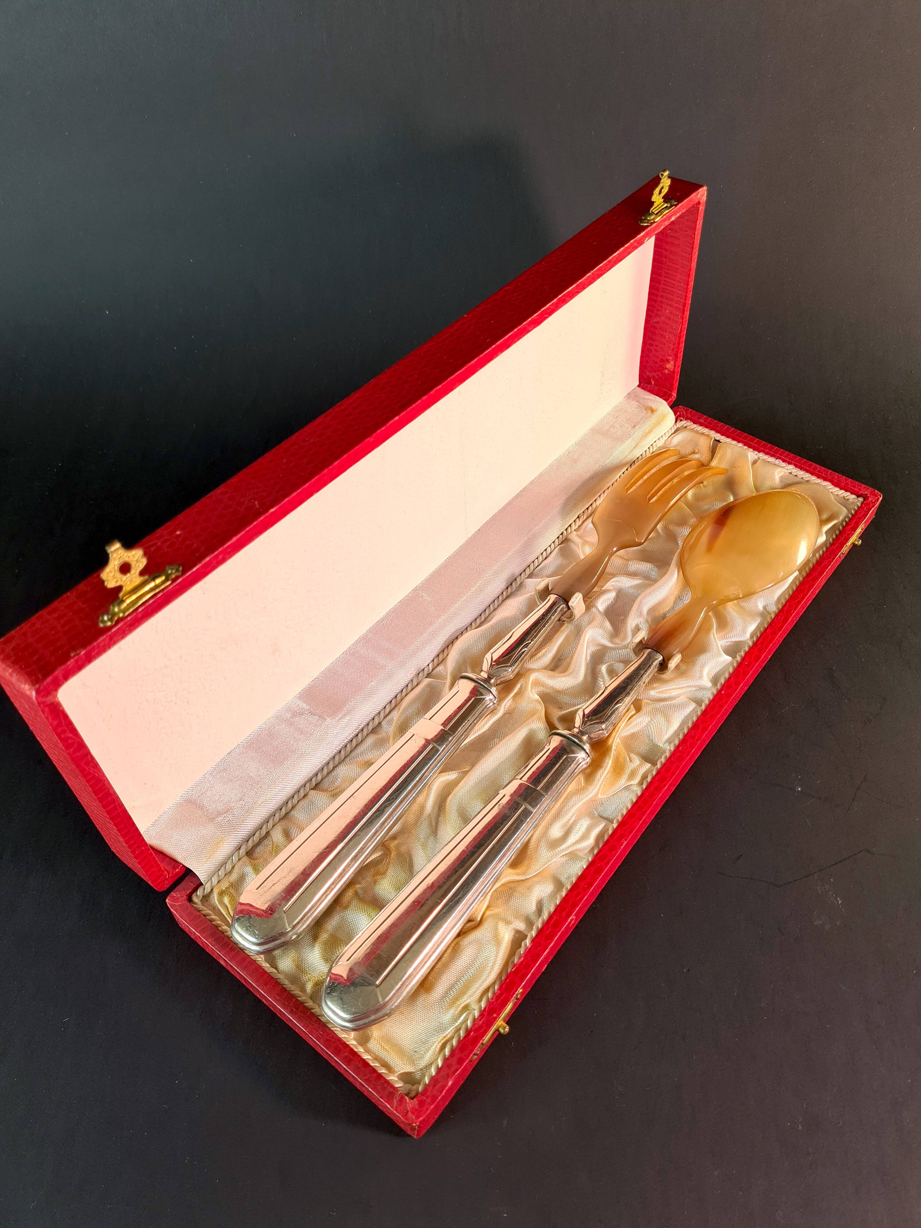Art Deco Horn & Silver Plated Salad Set – Retro Elegance on the Menu