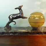 Art deco table lamp, marble, opaque glass and granite, animal in bronze patinated regulator