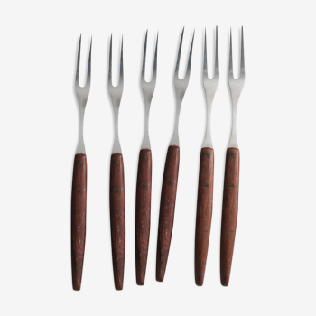 6 teak and vintage stainless steel fondue forks