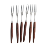 6 teak and vintage stainless steel fondue forks
