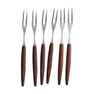6 teak and vintage stainless steel fondue forks