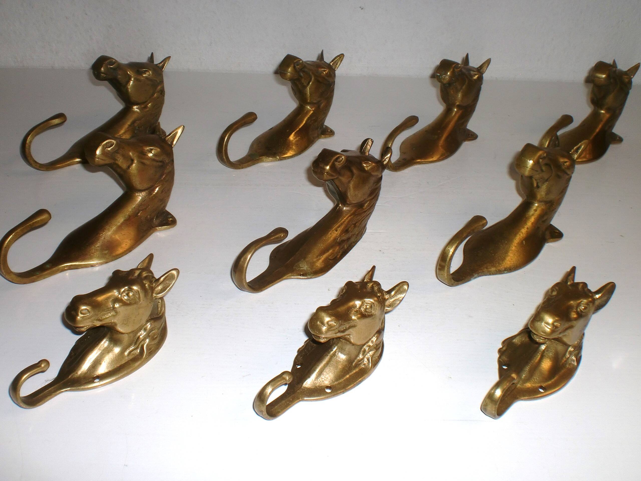 Set of 10 heavy brass horse coat rack wall hooks