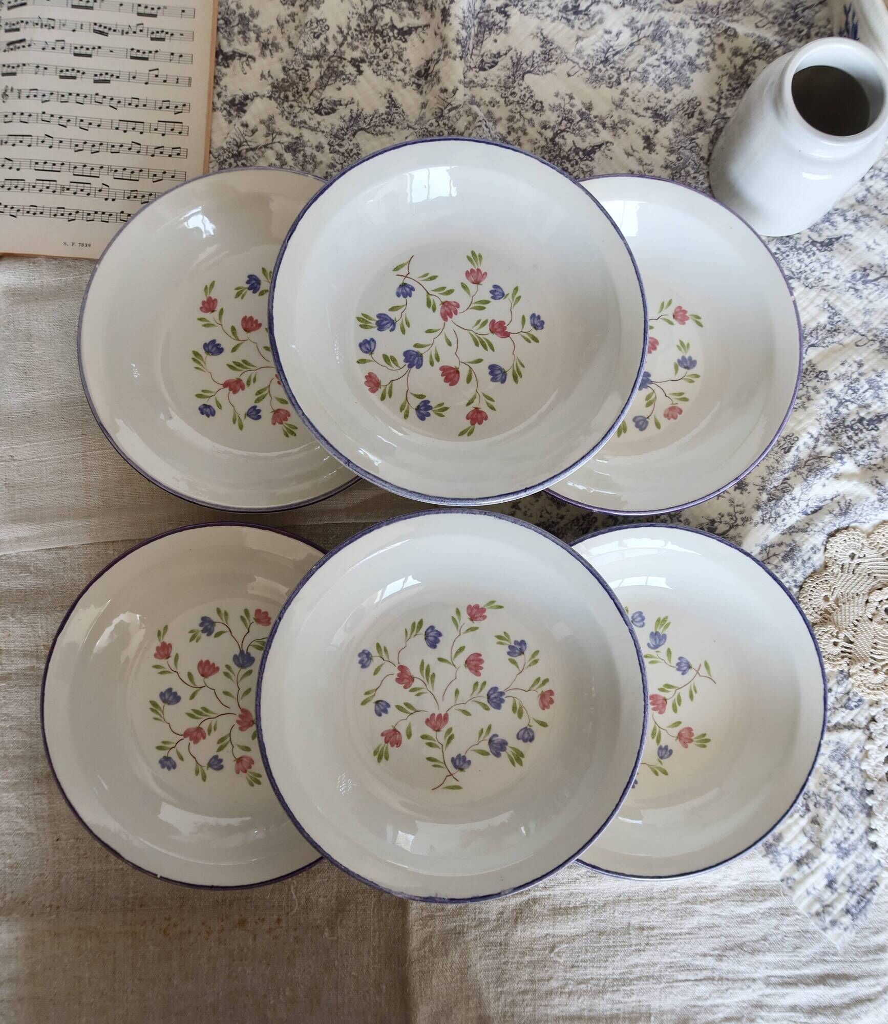 6 vintage porcelain Moulin des Loups soup plates with lilac floral pattern
