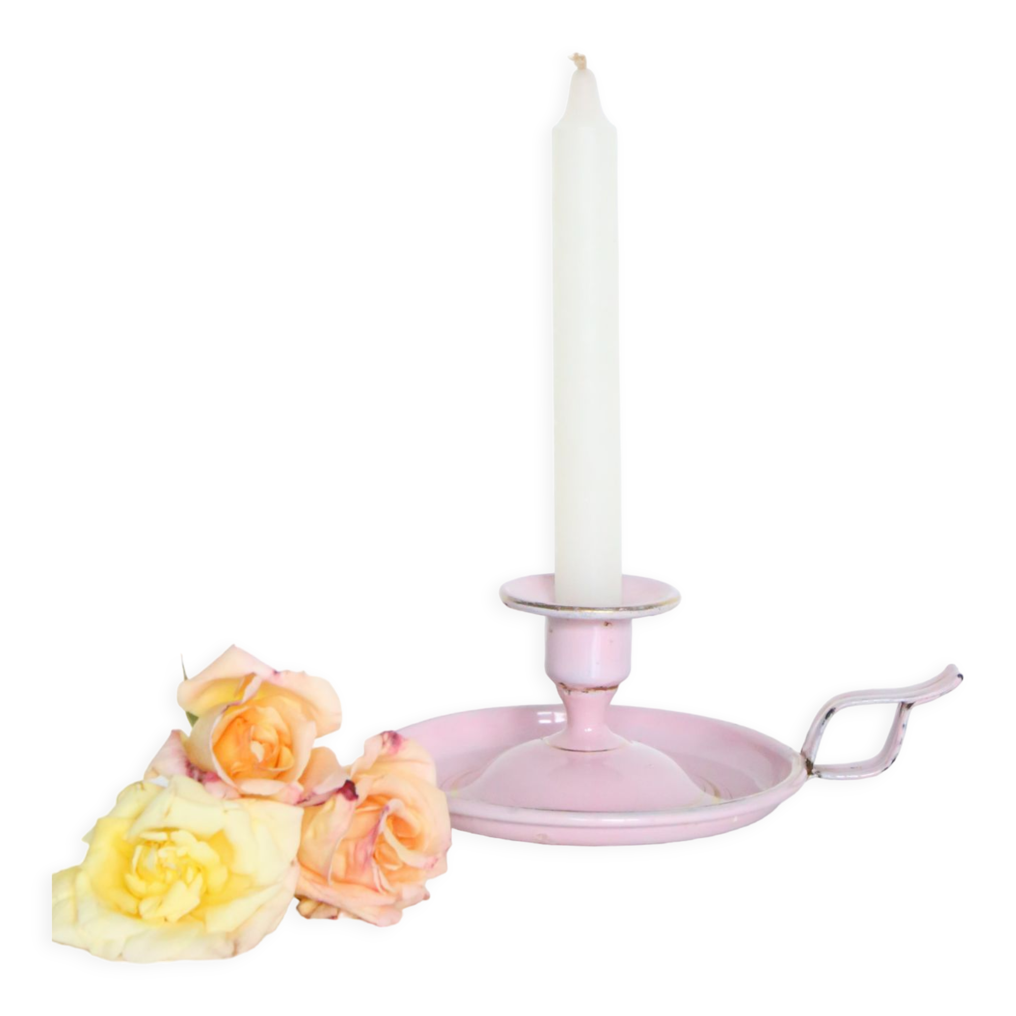 Pink cellar rat candleholder, enamelled metal, vintage