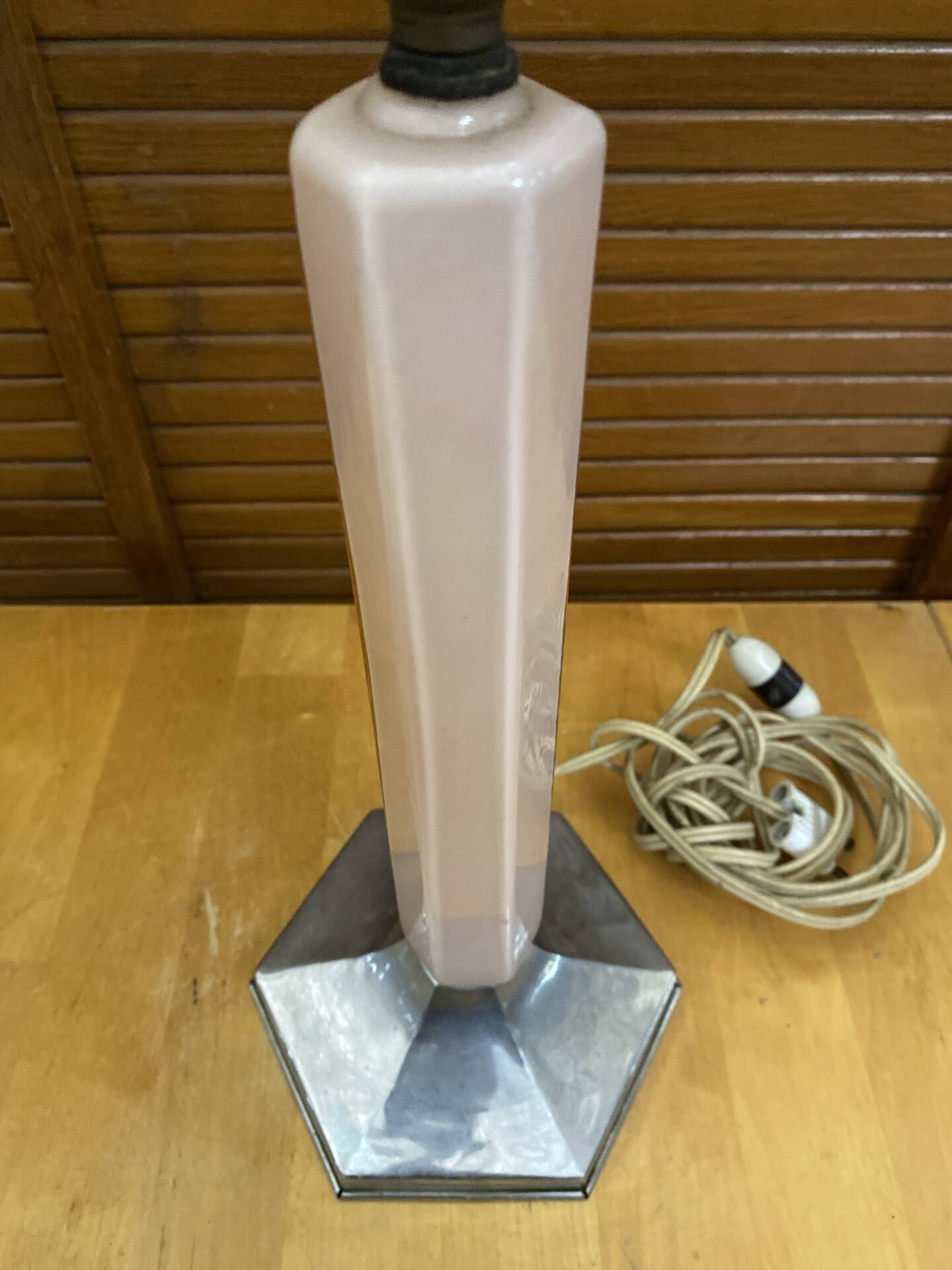 Old art deco hexagonal chrome metal lamp base + vintage pink glass