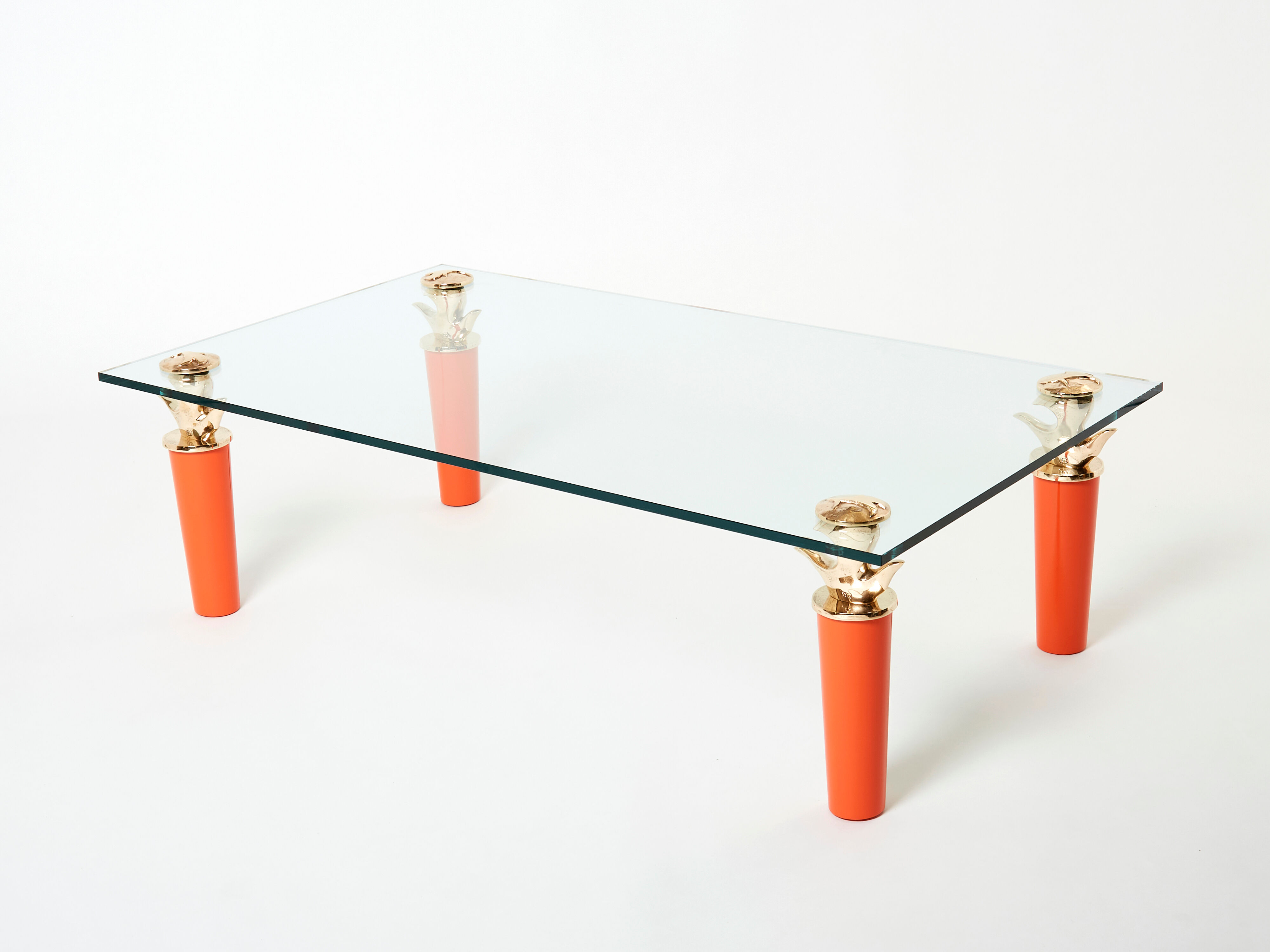 Rare coffee table lacquer orange bronze glass signed Garouste & Bonetti 1995