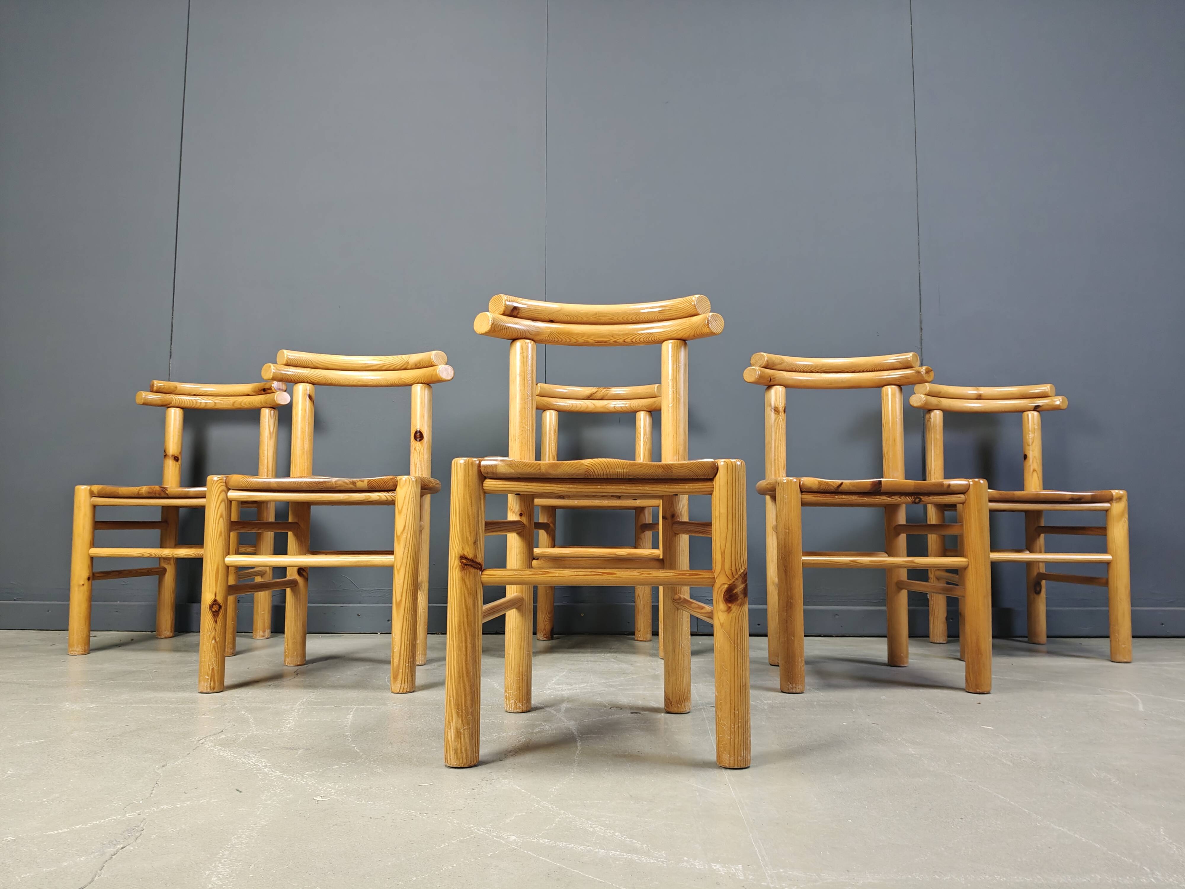 Vintage pine wood dining chairs - 1980s - set of 6