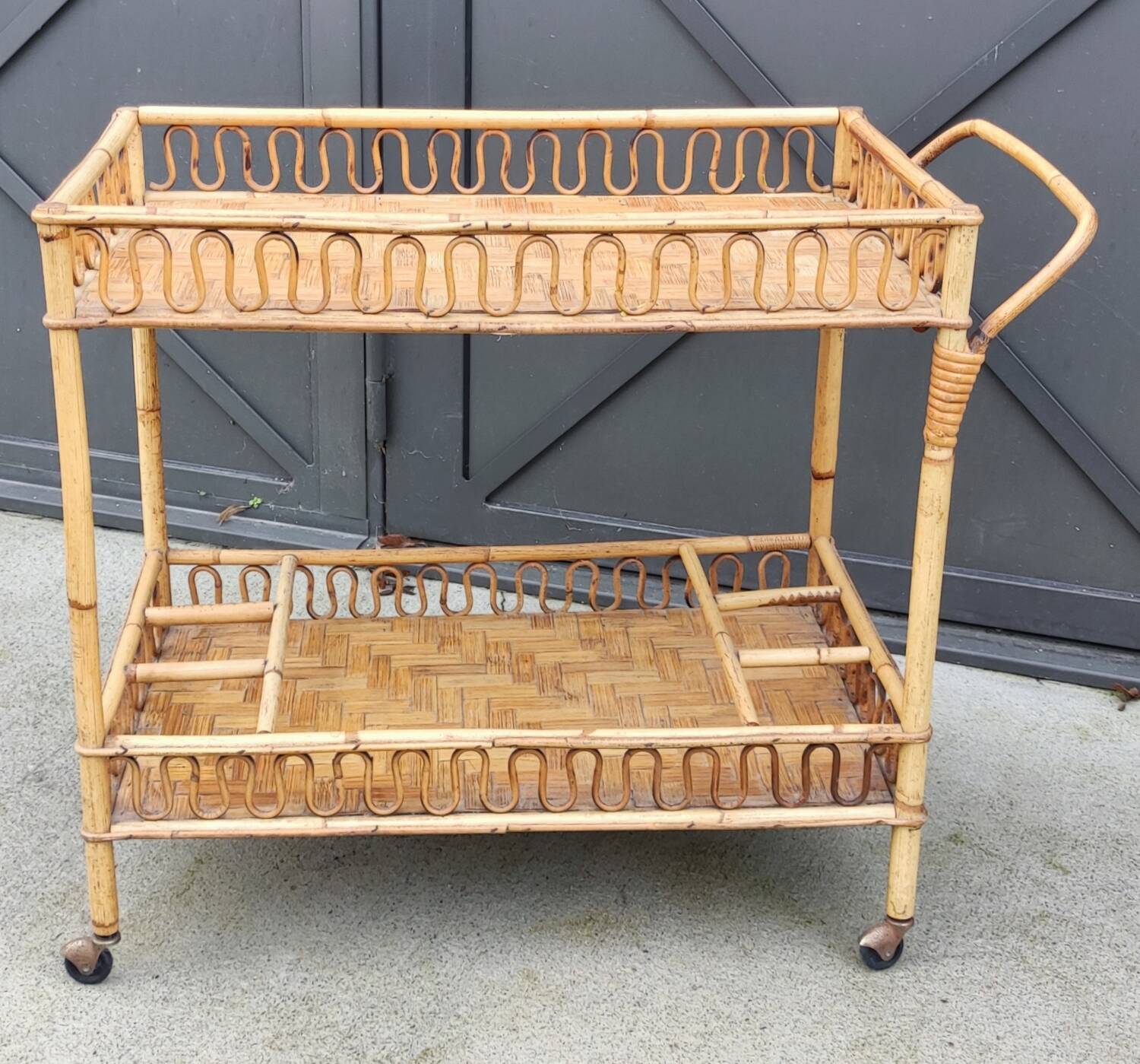 Vintage rattan bar trolley rolling serving cart