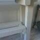 Vintage workbench with pearl gray patinated base and wooden top