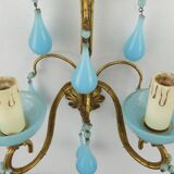 Pair of vintage wall lamps Murano blue opaline tassels