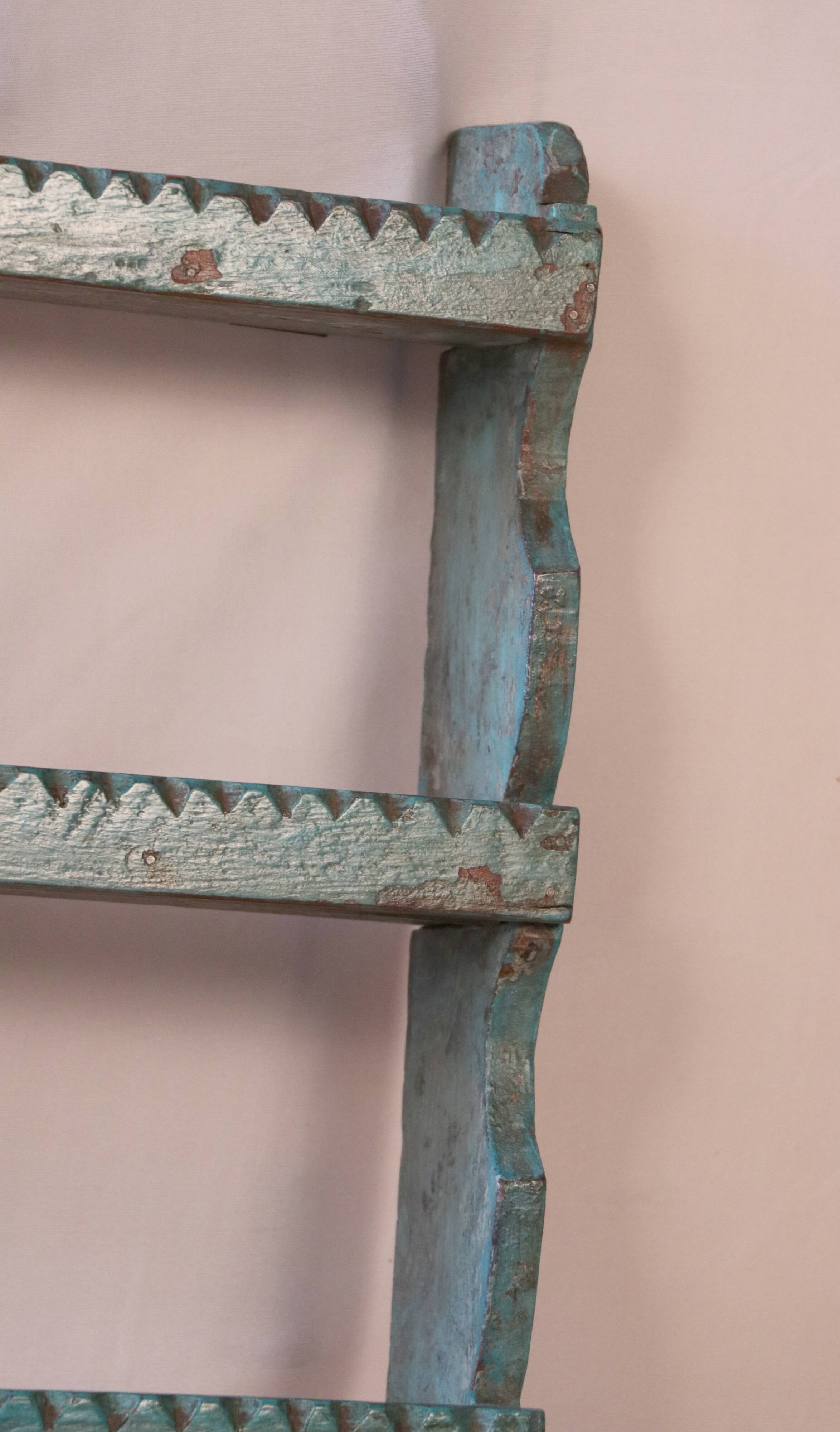 Old Burmese teak wall shelf original blue patina