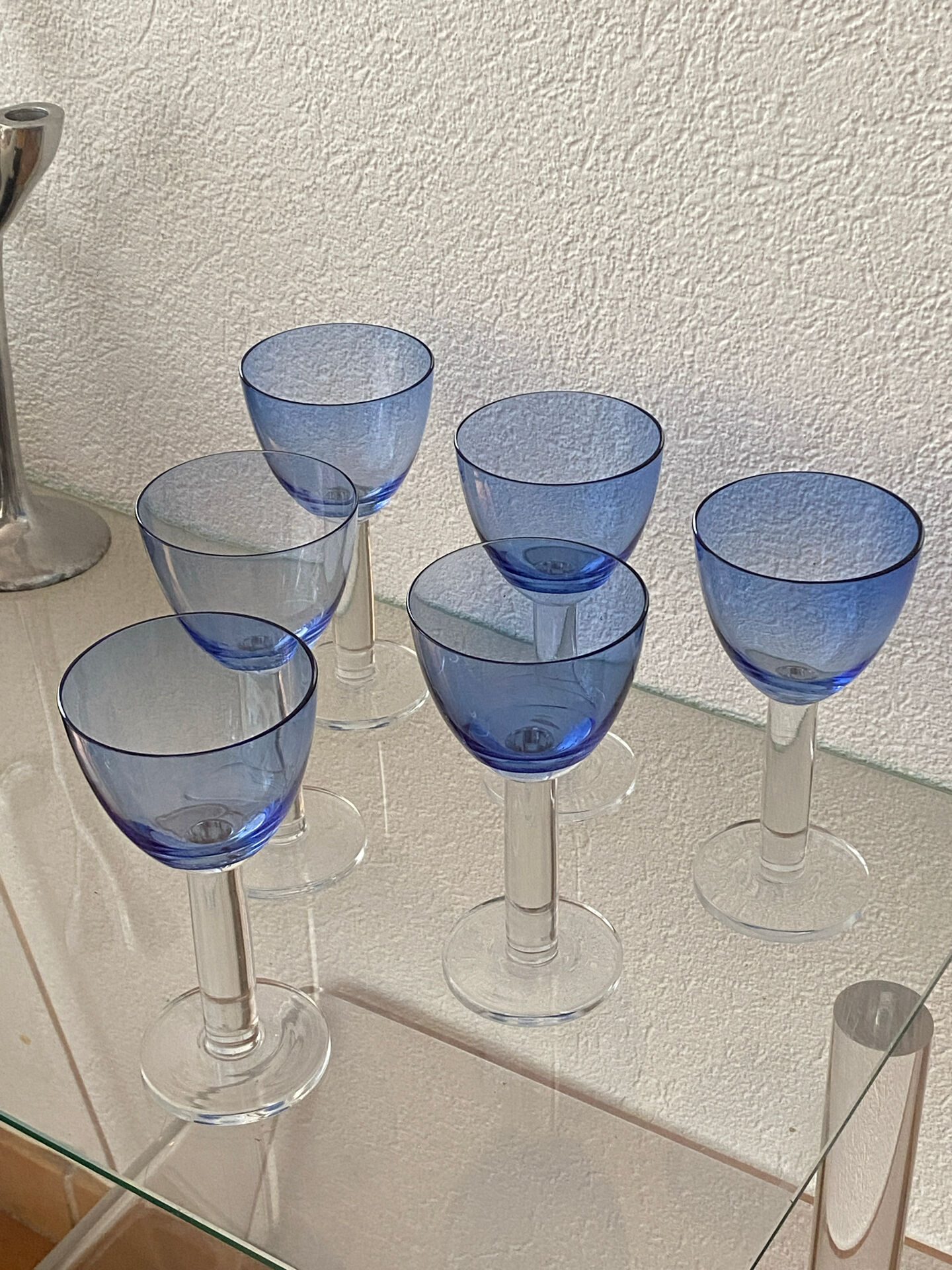 Six two-coloured wine or cocktail glasses.