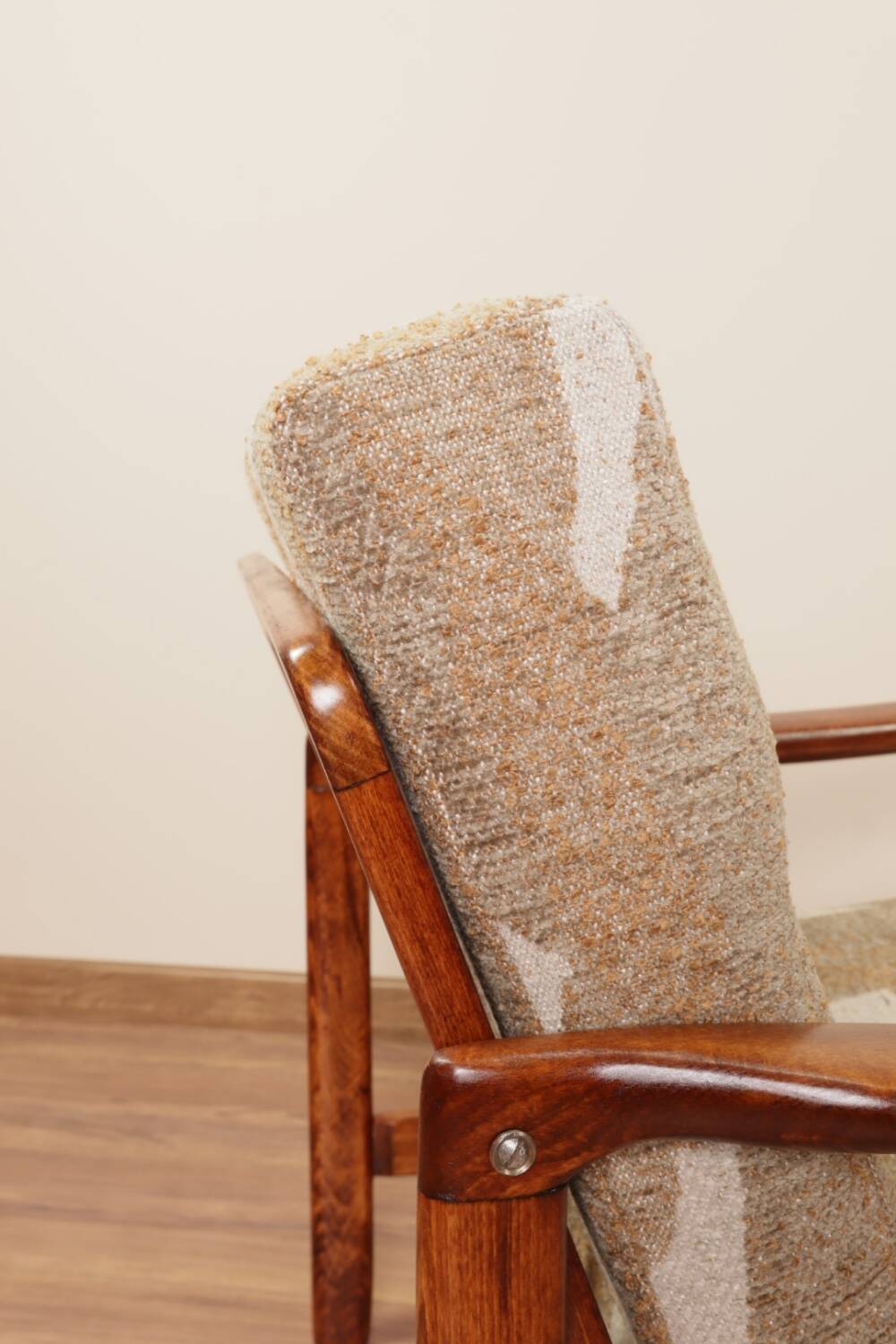 Vintage armchair in safari beige, 1965 mid-century modern design.