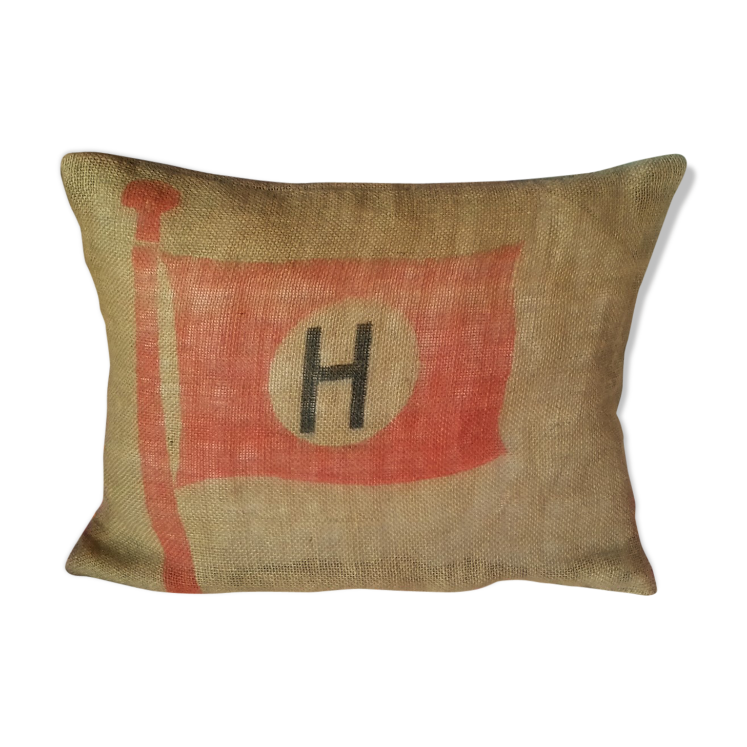 Jute Canvas cushion Red flag Majuscule H in coat of the house