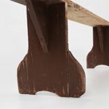 Rustic wooden bench in with brown painted feet, France ca. 1890