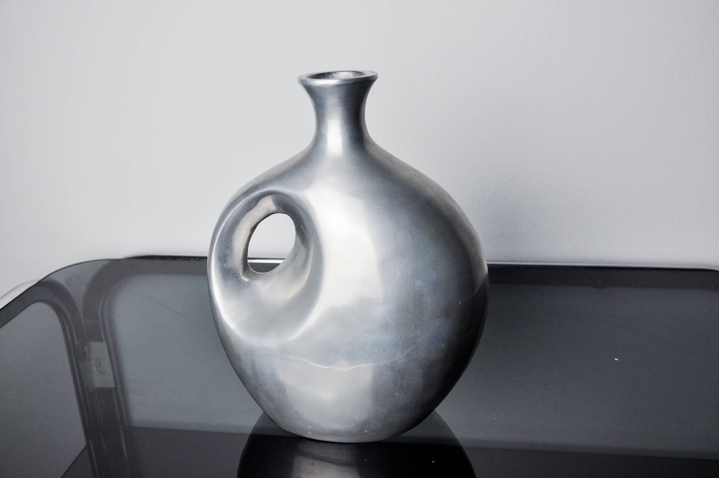 Biomorphic vase by Art3, aluminum and blue glazed ceramic, Spain, 1980