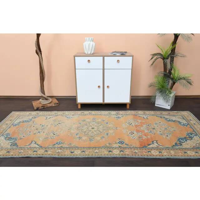 Vintage Turkish Hand-Knotted Wool Cotton Orange Runner Rug  118x304