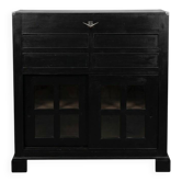 Buffet / vaisselier en bois noir avec portes vitrées – style industriel/vintage