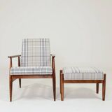 Fauteuil vintage et repose-pieds tartan beige bleu modern design