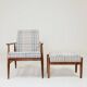 Vintage armchair and beige blue tartan footrest modern design