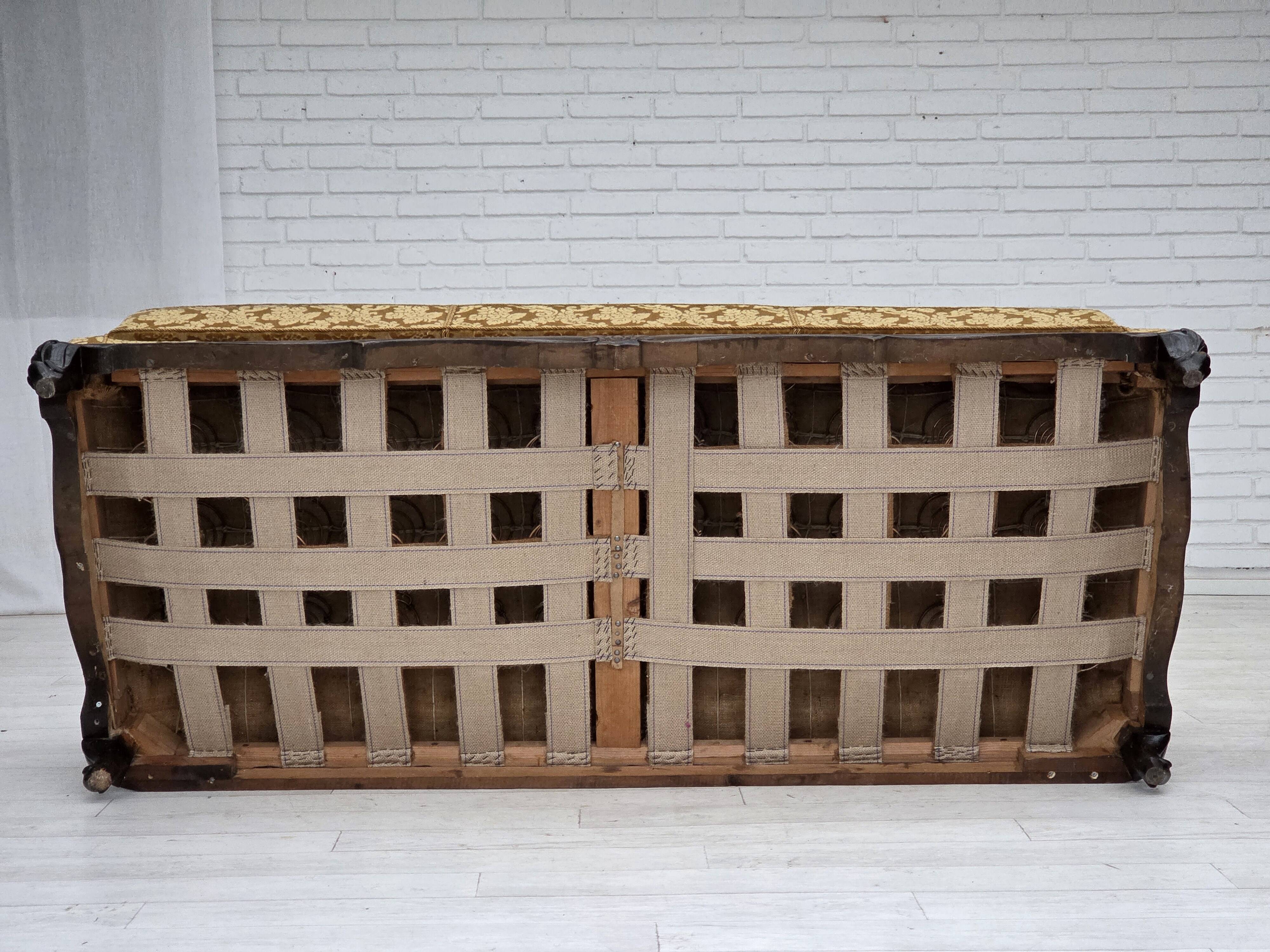 1950s, Danish 3-seater sofa, furniture velour, carved oak wood.