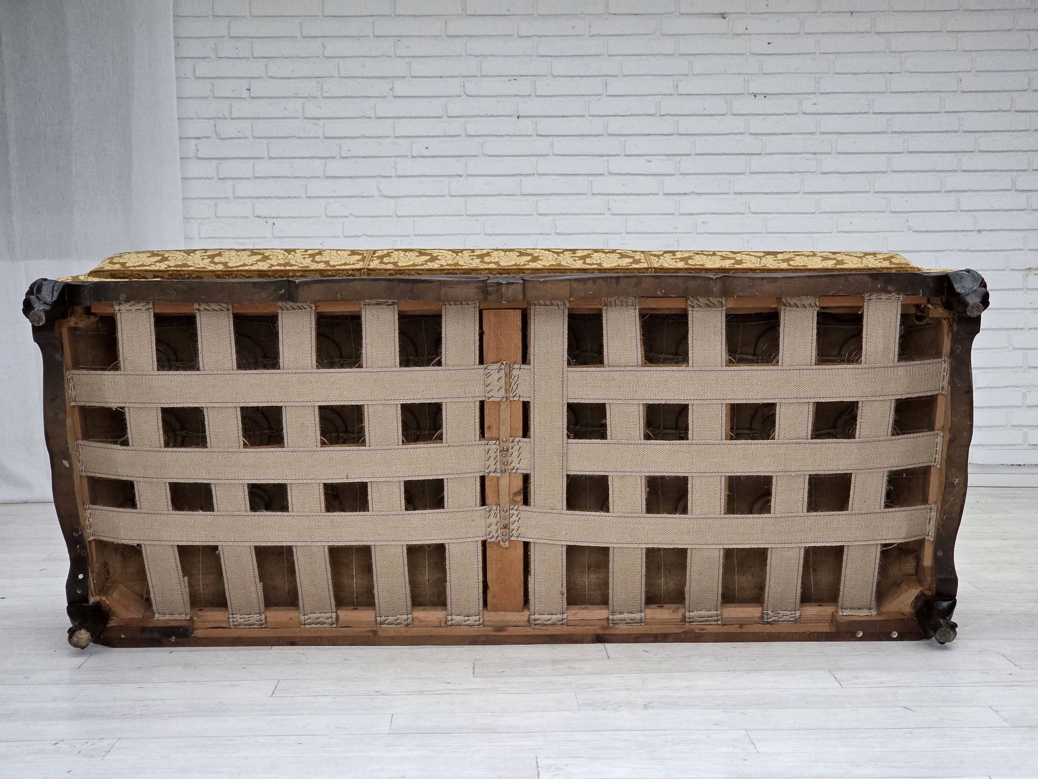 1950s, Danish 3-seater sofa, furniture velour, carved oak wood.
