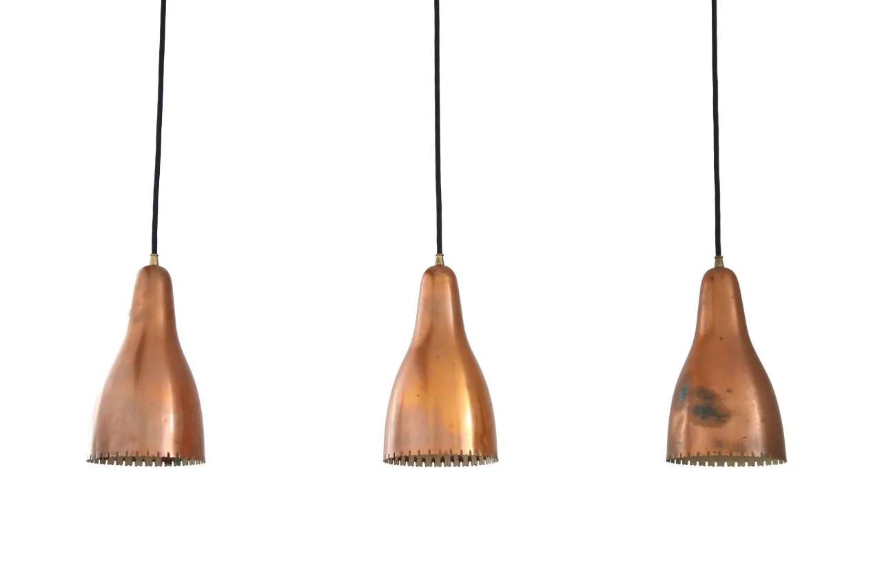 Set of three copper Bent Karlby pendant lamps for Lyfa