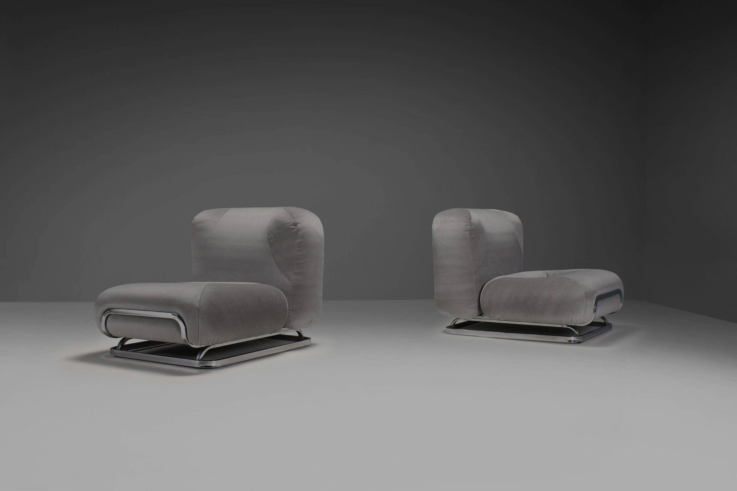 Mohair and chrome lounge chairs designed by Malchioro for IPE, Italy 1970s