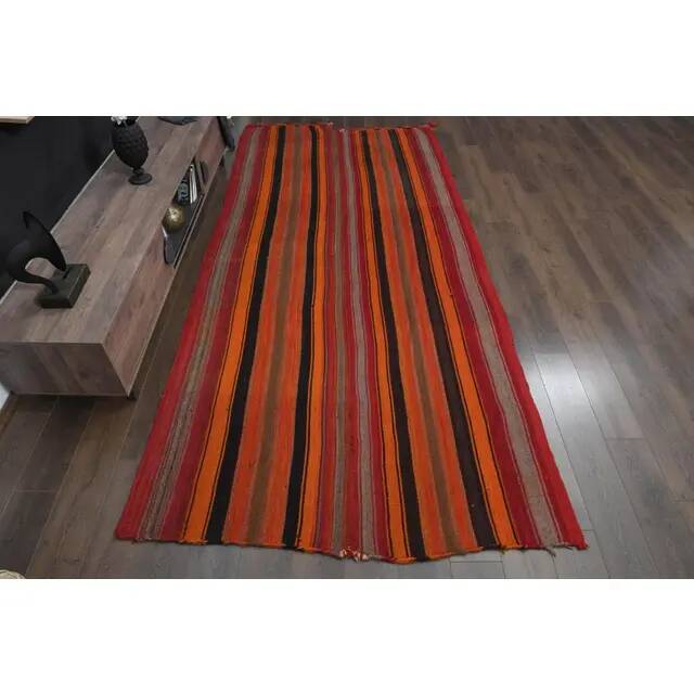Orange Red Vintage Handmade Wool Cotton Kilim Runner Rug 172x372