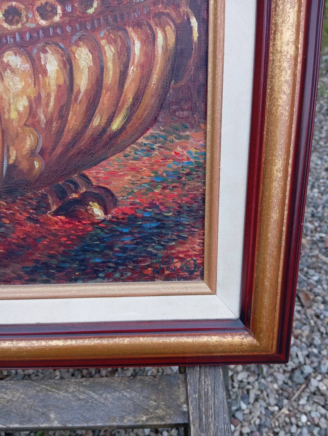 Oil on canvas with geraniums, floral decoration, signature to be identified