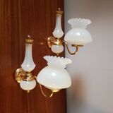 2 wall lights in gold metal and milky glass, swan neck