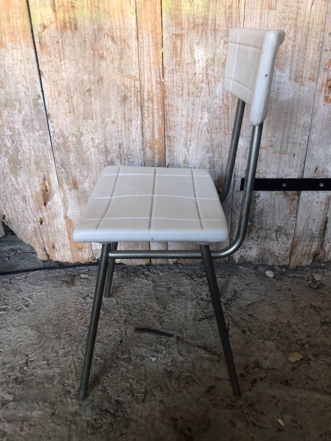 Gray metal children's chair + vintage white plastic seat & back