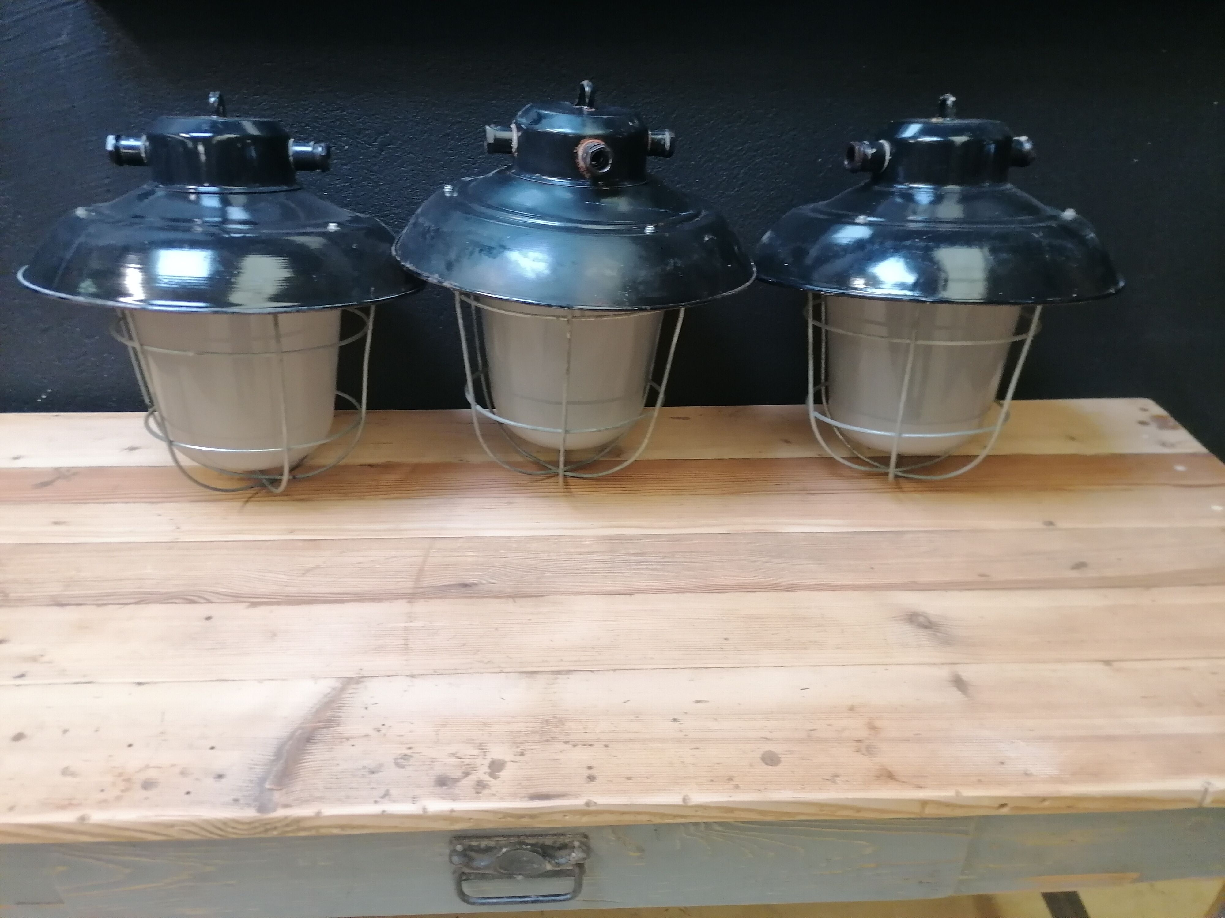 Set of 3 vintage Czech industrial pendant lights, 1950s