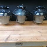 Set of 3 vintage Czech industrial pendant lights, 1950s