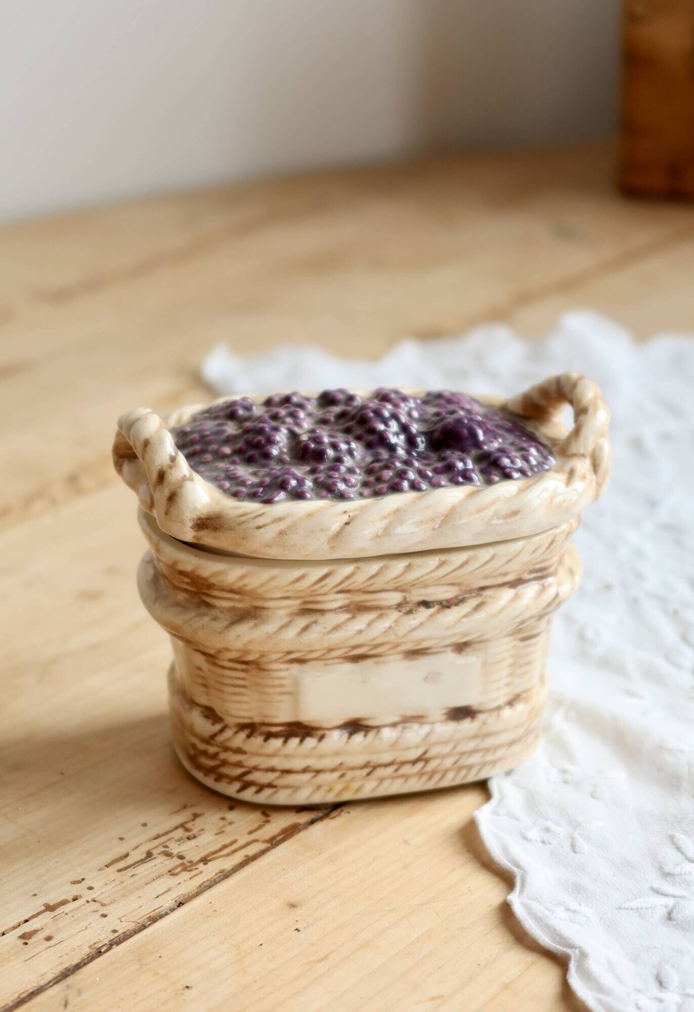 Vintage barbotine sugar bowl / sweet jar blackberry basket