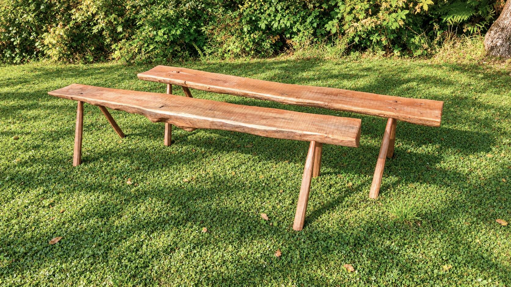 Pair of antique farmhouse benches in solid wood – brutalist style – 180 cm