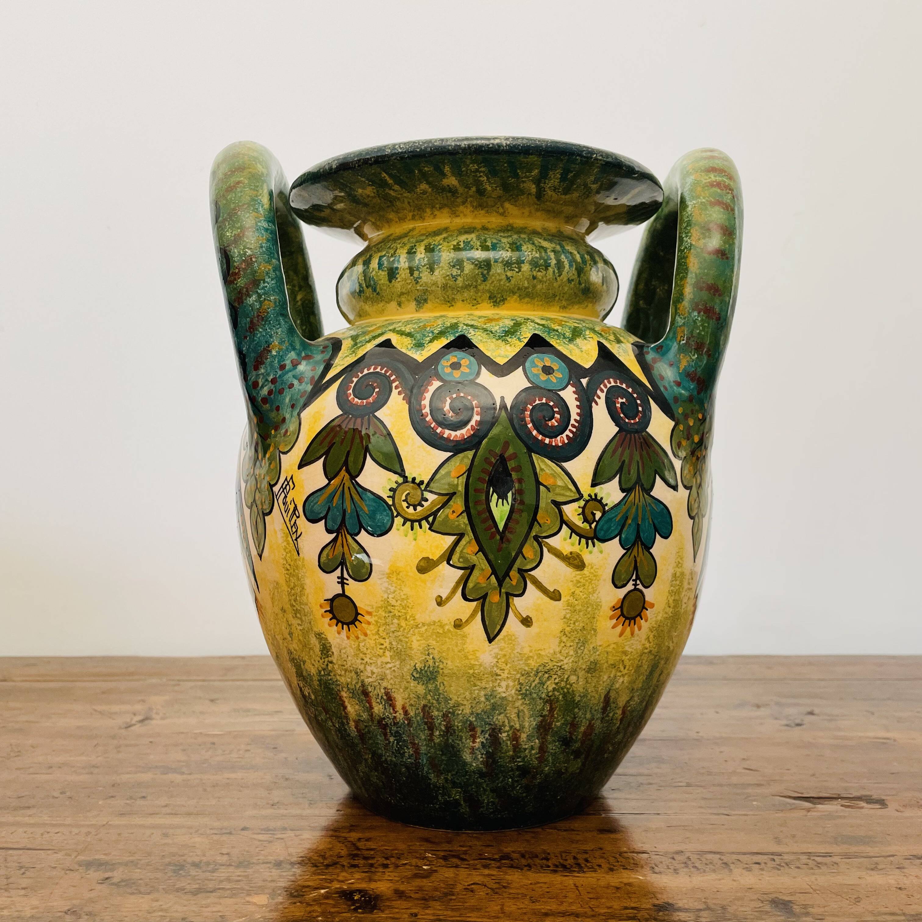 Sublime vase signed Paul Fouillen with yellow and green handles 1940