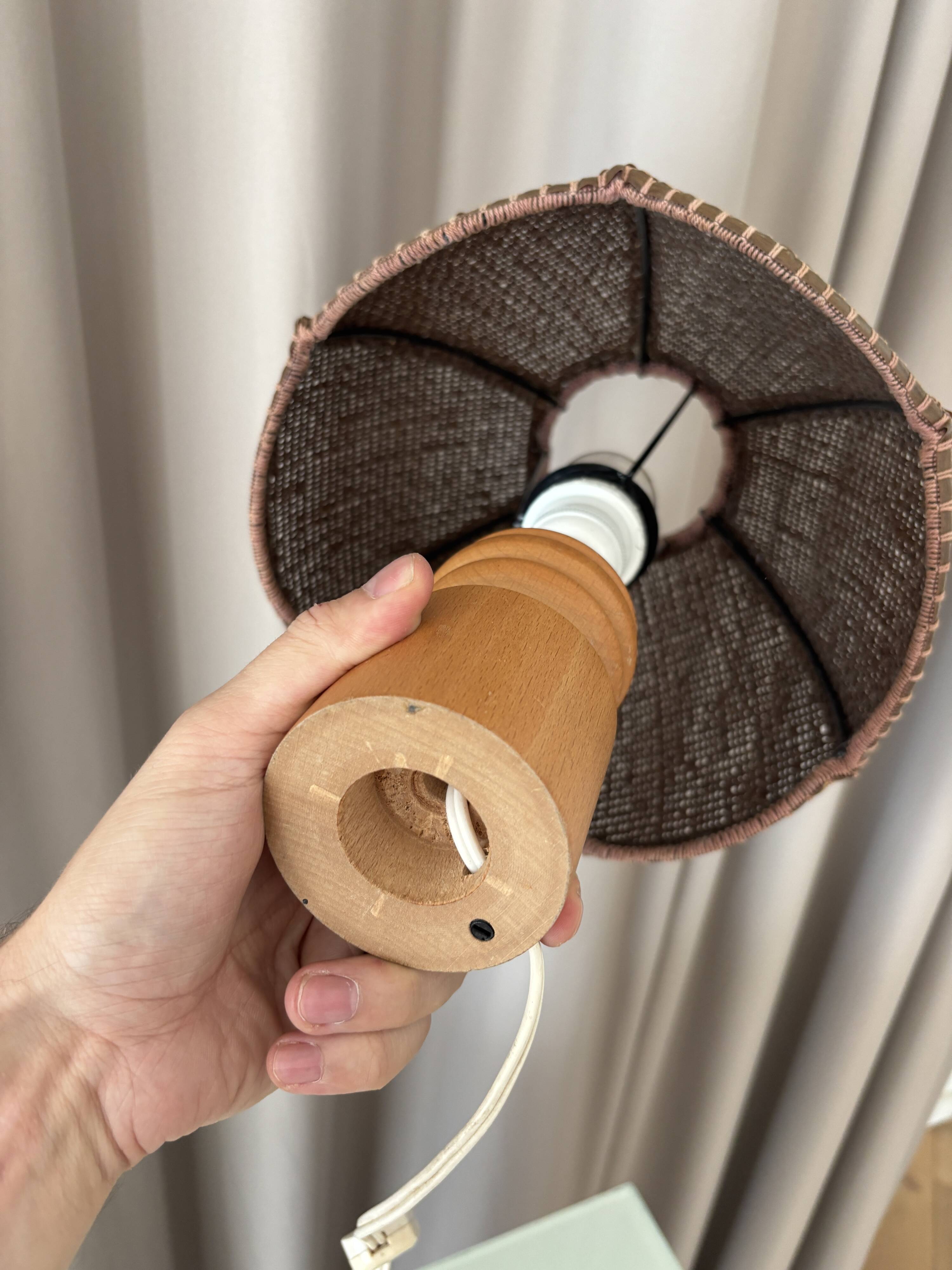 Vintage Woven Table Lamp – Wood & Rattan – 1970s