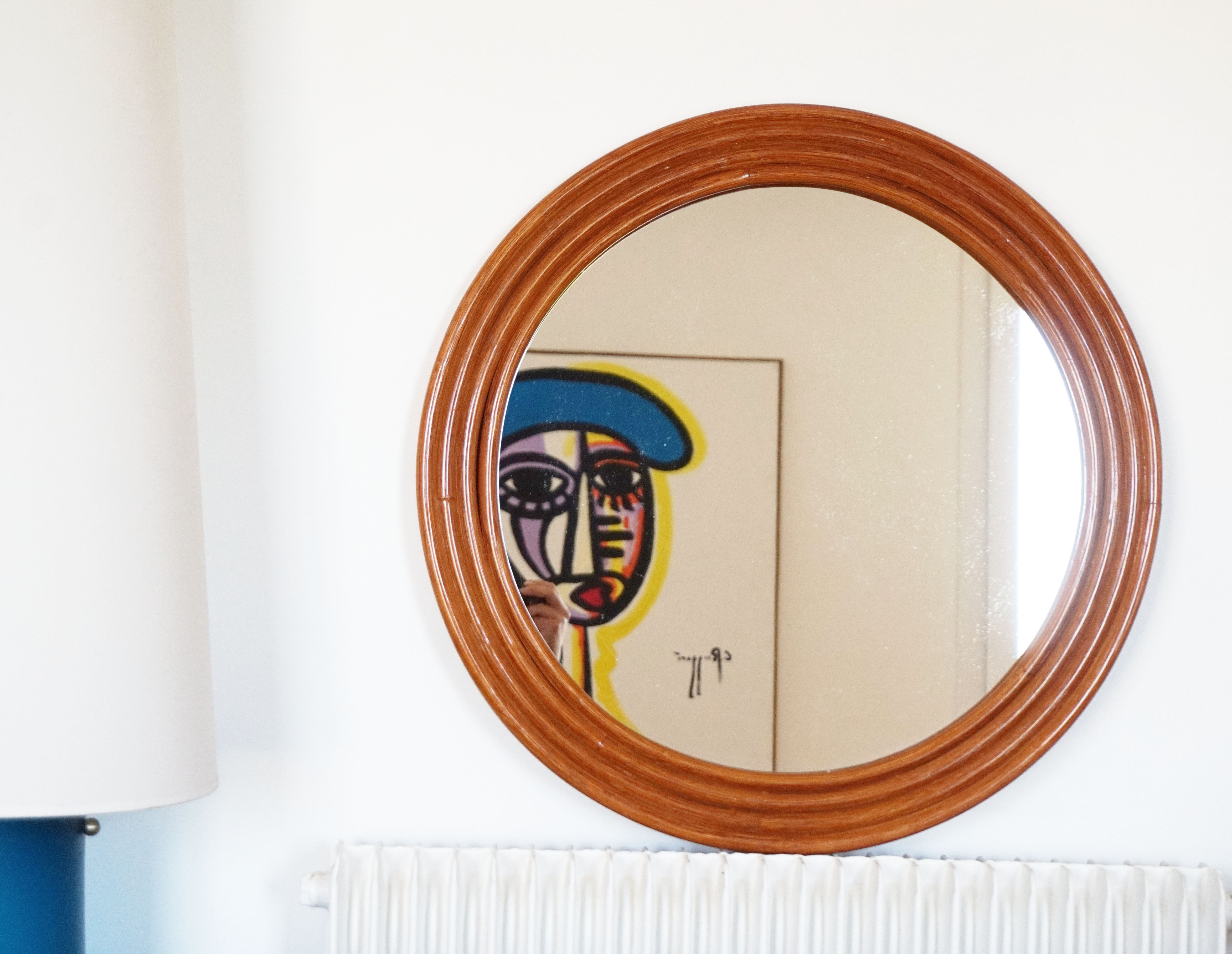 Round mirror in vintage rattan bamboo