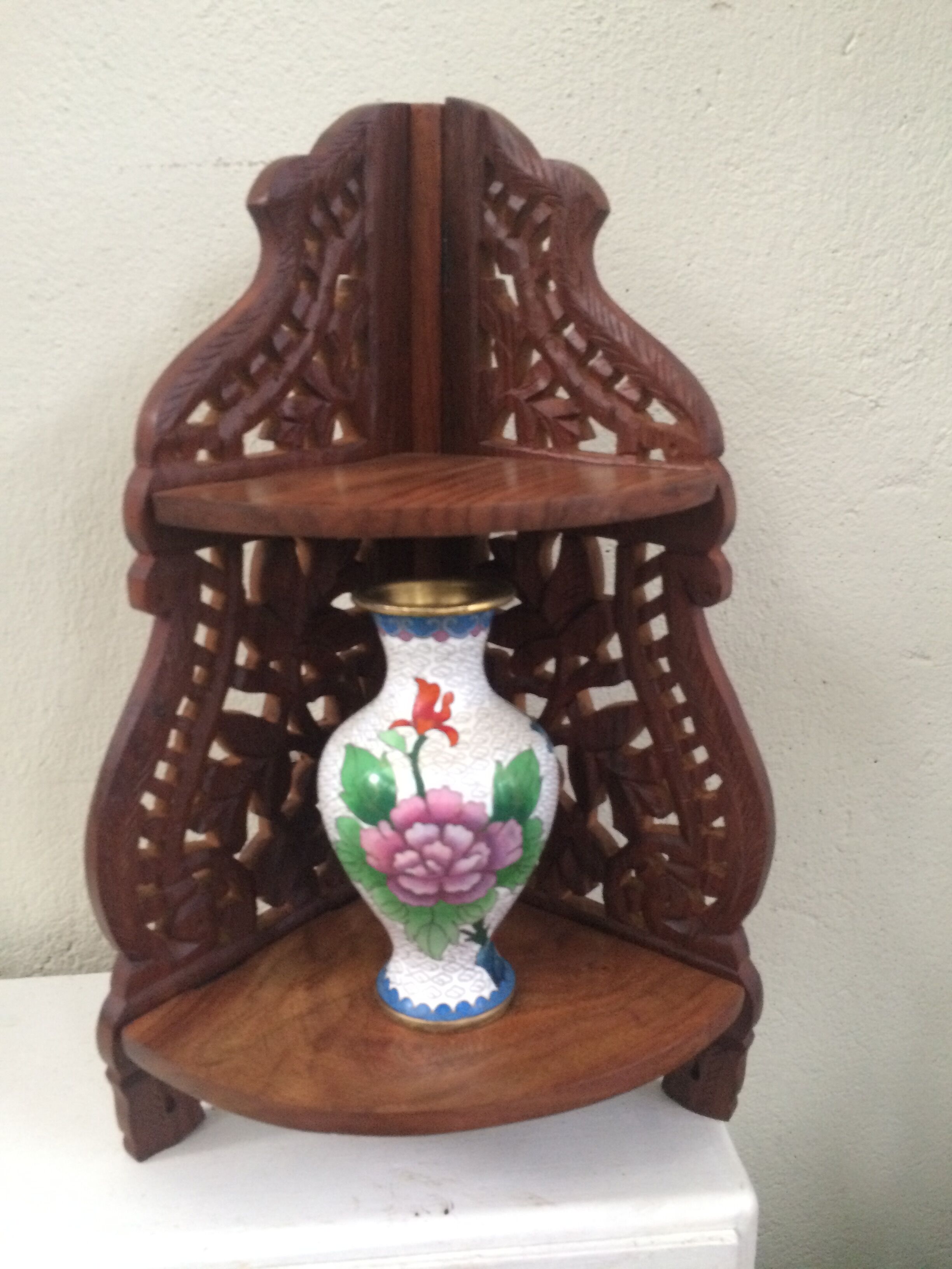 Folding corner shelf wooden crafted with sculpted flowers