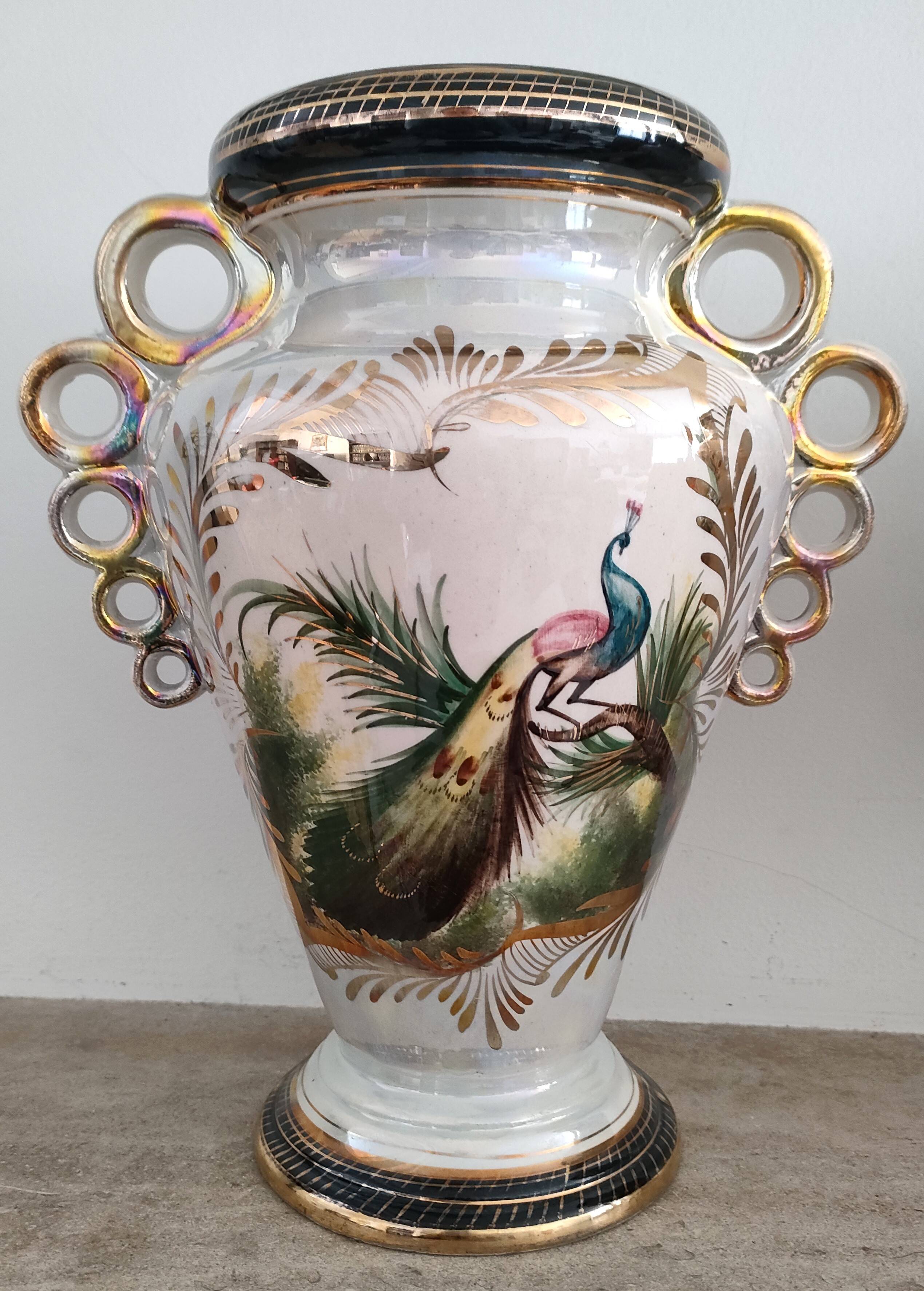 Pair of peacock vases by Hubert Bequet - Pearly ceramic - Belgium - 60s