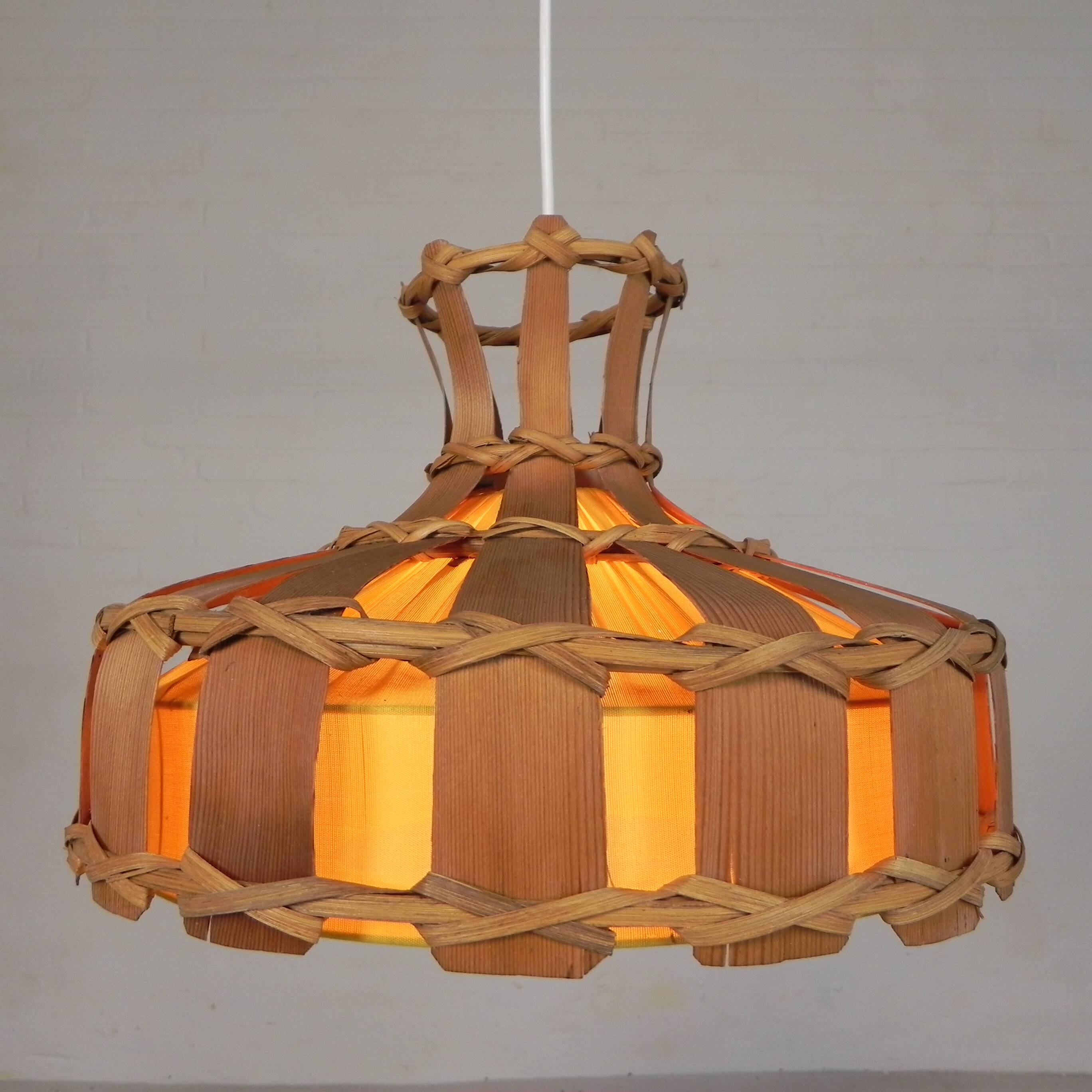 Vintage hanging lamp with rattan shade, palm leaf and fabric, 1970s