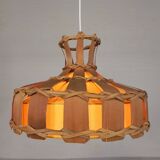 Vintage hanging lamp with rattan shade, palm leaf and fabric, 1970s