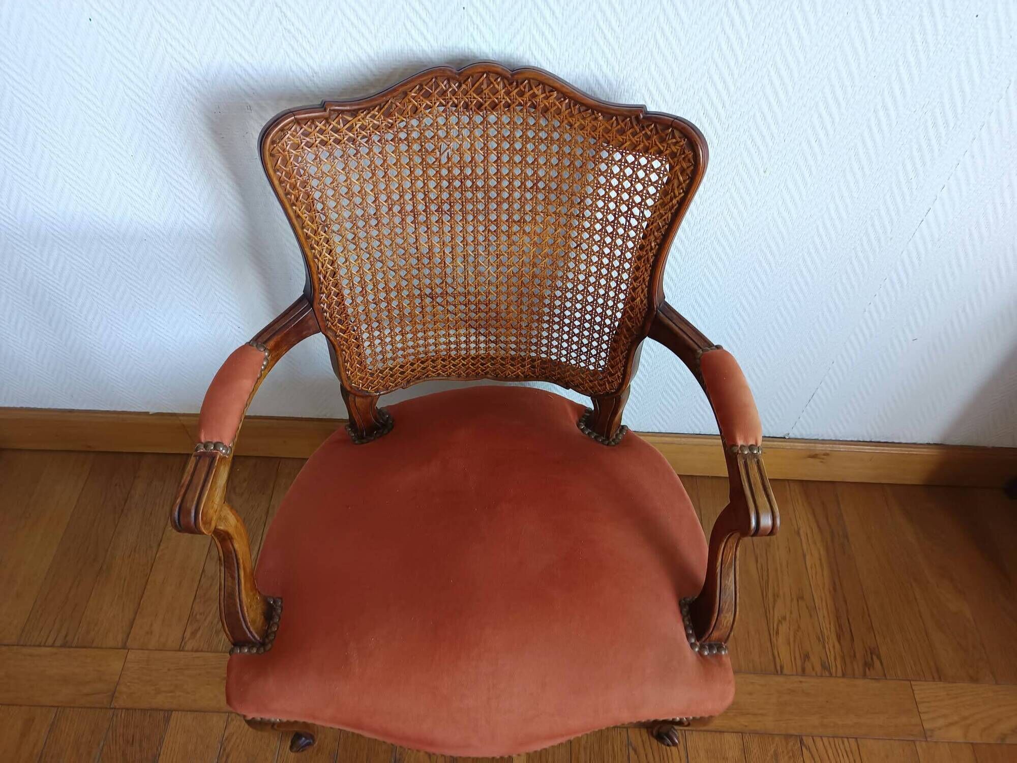 Fauteuil louis XV terracotta et cannage