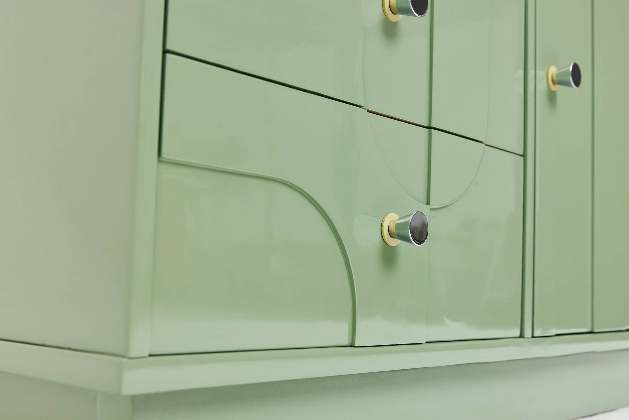 1970s Vintage Sideboard, Pastel Green, Relief, High-Gloss Finish, Chrome
